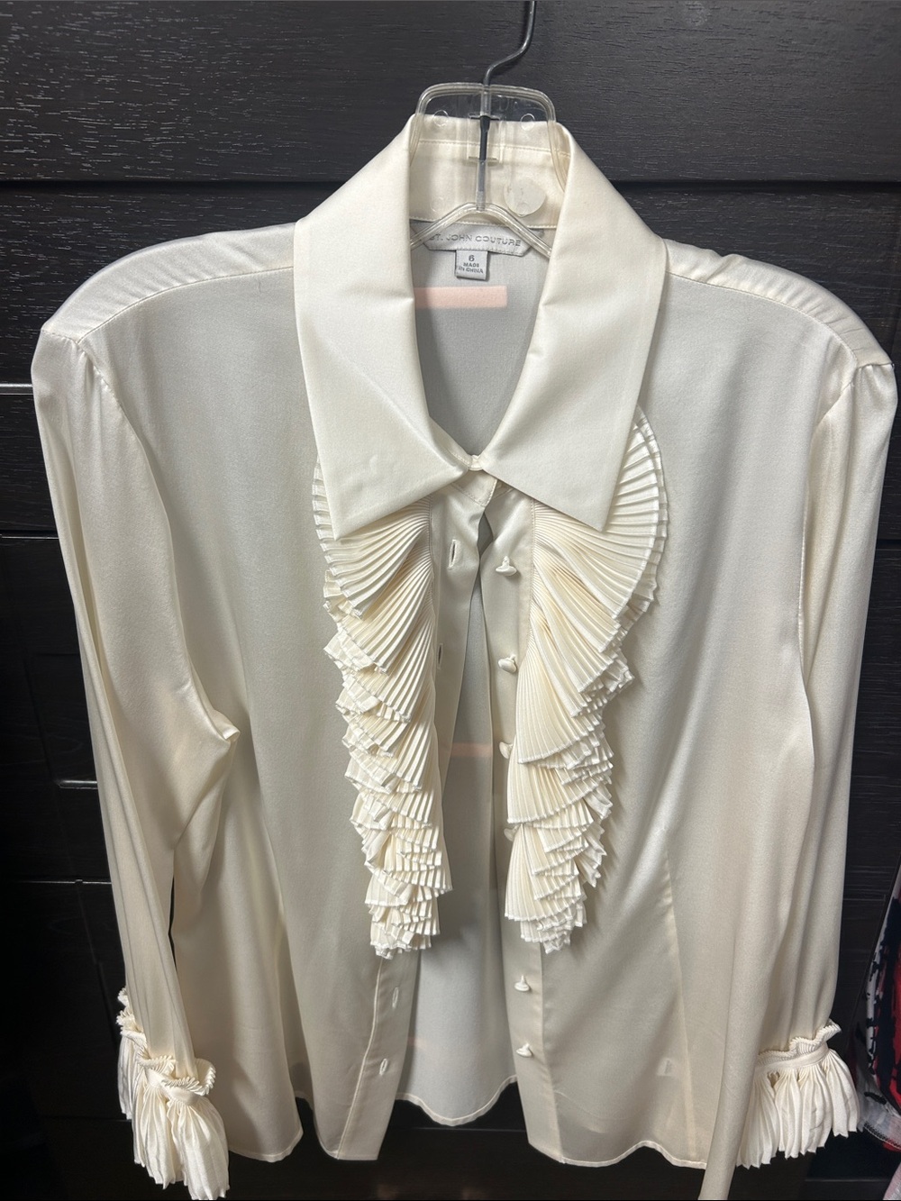 St. John Cream Pleated-Ruffle Silk Blouse